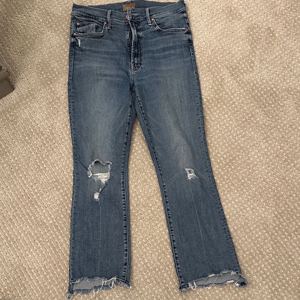 MOTHER Blue Distressed Straight Leg Jeans